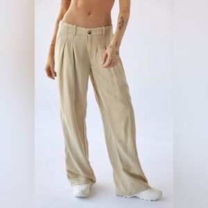 Urban Outfitters Linen Trouser Beige Wide-Leg